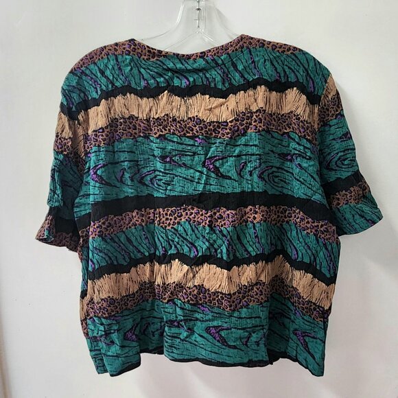 Vintage 90s Animal Print Shirt Size M L Button Down Cropped Blouse Tribal Top - Picture 2 of 3